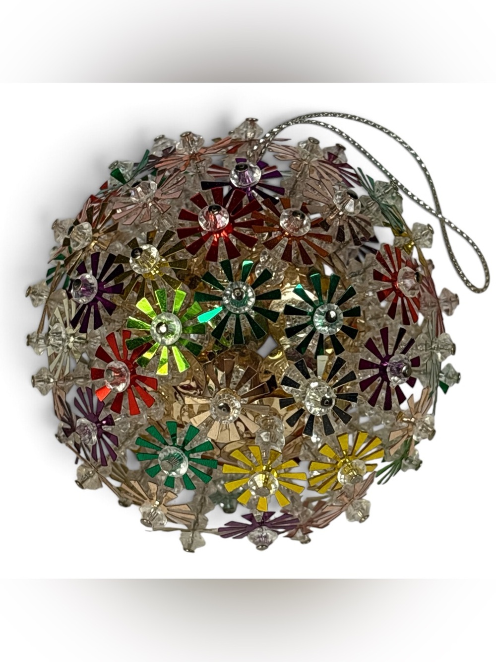 Vtg 3" Handmade Multicolor Push Pin, Bead, Sequin Round Christmas Ball Ornament